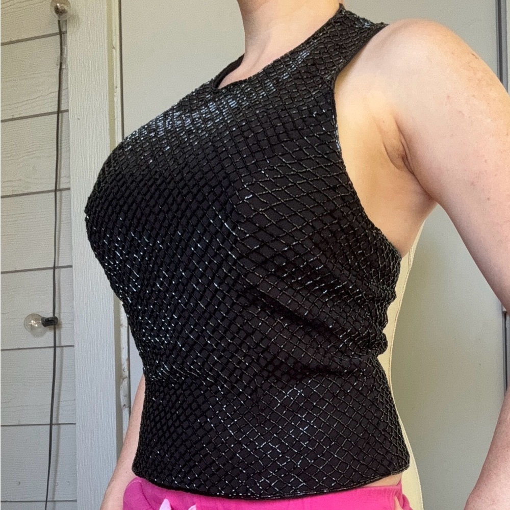 Black Tie Oleg Cassini Bead Emroidered Elegant Black Sleeveless Top